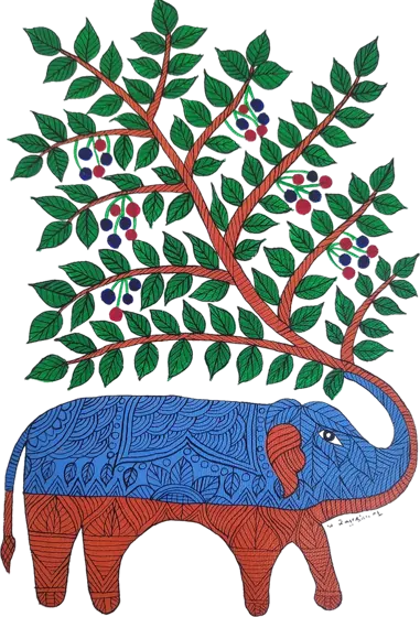 Gond art of an elephant with tree